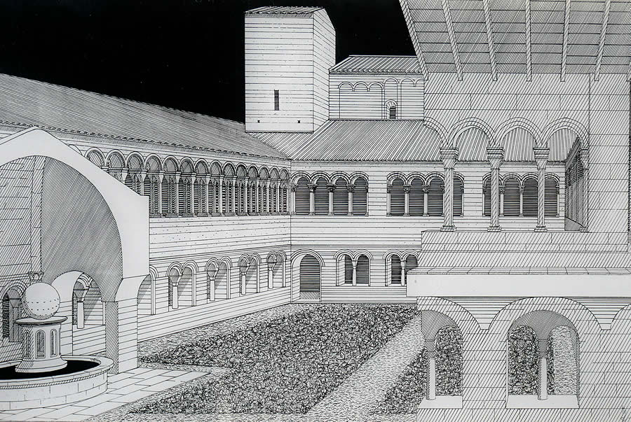 Esquema que recrea el claustro con sus dos pisos