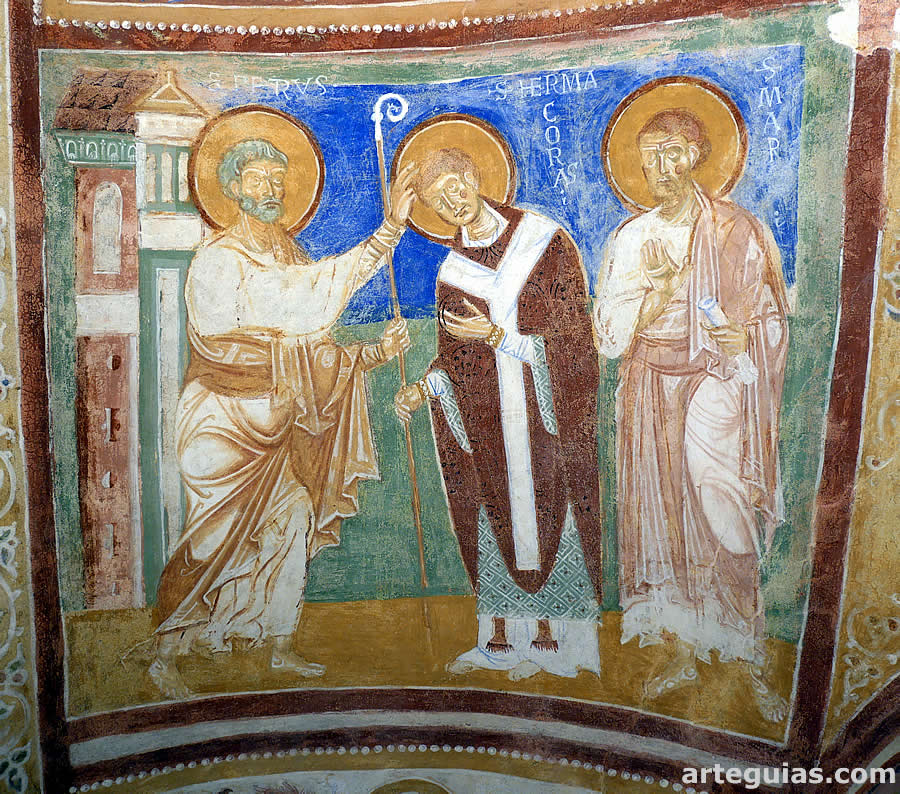 Detalle de las pinturas rom&aacute;nicas de la cripta. Aquilea