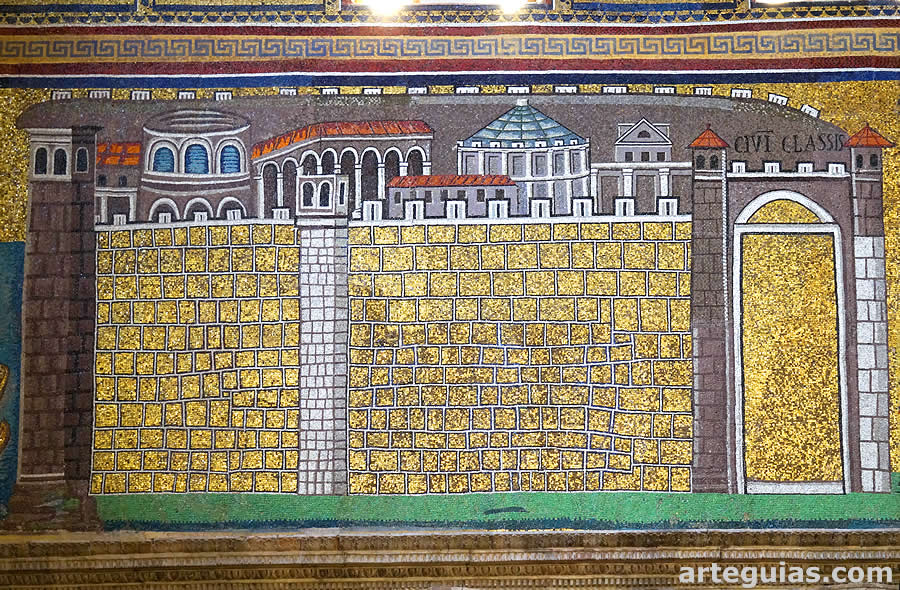 Mosaico que representa la ciudad portuaria de Classe