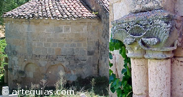 Vista del &aacute;bside y detalle  del muro. Iglesia de Brazacorta