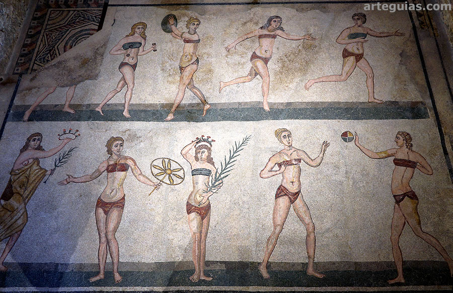 Mosaico emblem&aacute;tico de mujeres practicando competiciones deportivas.