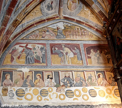 Iglesia de San Cebrián de Mudá: muro norte de la cabecera con varias escenas de la Pasión de Cristo, incluyendo una amplia estampa de la Última Cena