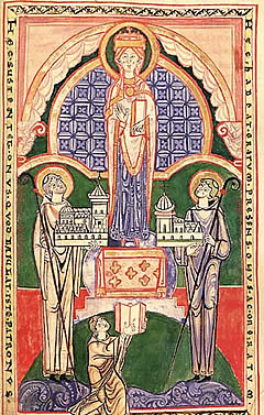 Los fundadores de la Orden Cisterciense: San Roberto de Molesme,  San Alberico de Citeaux y San Esteban Harding. Miniatura rom&aacute;nica