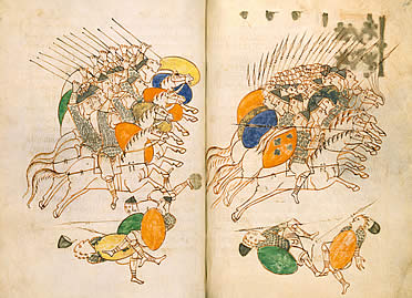 L&aacute;mina doble de una de las numerosas copias medievales del Tratado Re Militari