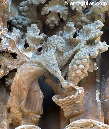 Escena de vendimia en la iglesia de Uju&eacute;, Navarra. El vino era un alimento importante en la gastronom&iacute;a medieval