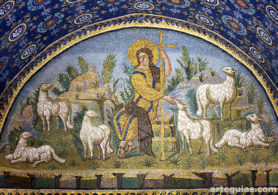 Luneto con el magn&iacute;fico mosaico del Jes&uacute;s, Buen Pastor con sus ovejas