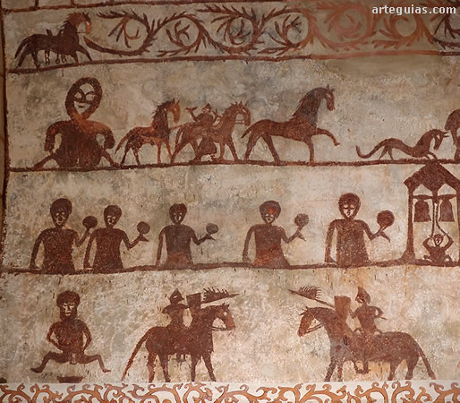 Ciclo pict&oacute;rico con un personaje abajo a la izquierda que podr&iacute;a ser una mujer parturienta o el diablo pariendo el mal