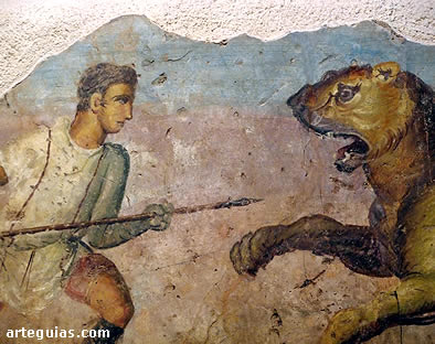 Fresco de un combate contra un le&oacute;n