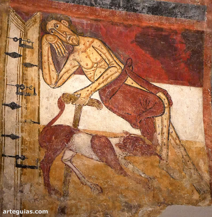 Fresco de Sant Climent de Ta&uuml;ll que representa al pobre L&aacute;zaro, el de la par&aacute;bola de Jes&uacute;s